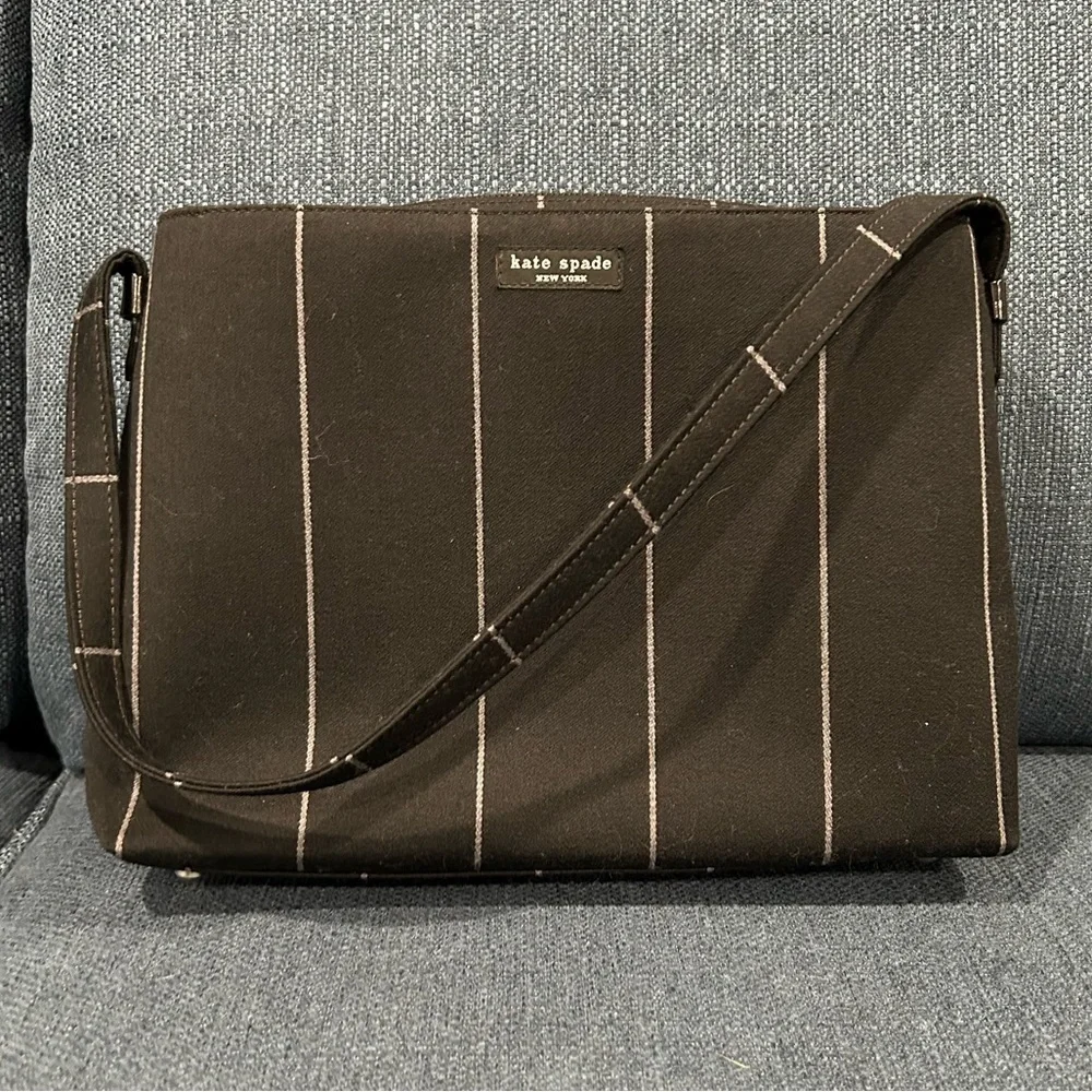 Kate Spade Shoulder Bag Black/Gray Wool Pinstriped Made In Italy